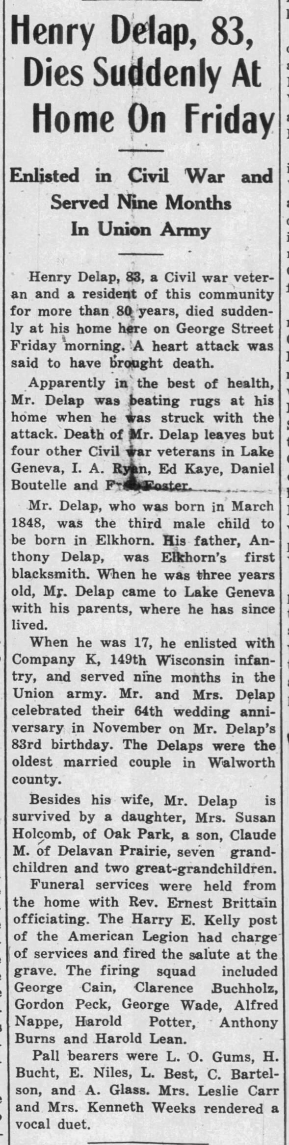 Henry DeLap Obituary 18 Feb 1932 LakeGeneva Regional News Wisc